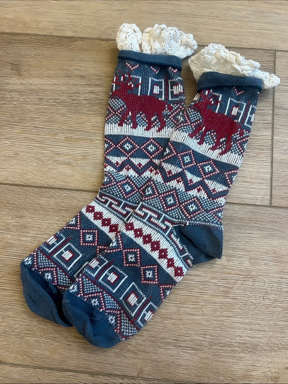 Cozy Winter Deer Sweater Socks Crochet Trim Cute Holiday